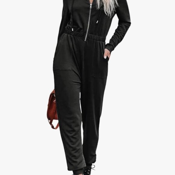 Black Long-Sleeve Hooded Zip-Up Jumpsuit with Cinched Ankles | Size XL - Picture 2 of 7